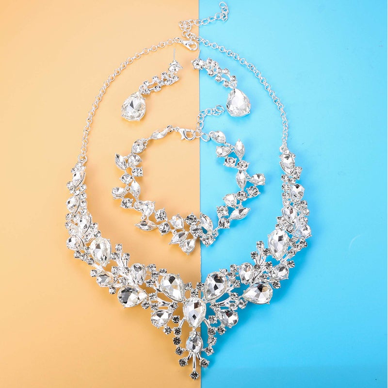LOYALLOOK Teardrop Cluster Rhinestone Crystal Bridal Jewelry Set for Women Statement Choker Necklace Teardrop Dangle Earrings Crystal Bracelets Sets for Bridesmaid Wedding Party Prom - Image 5